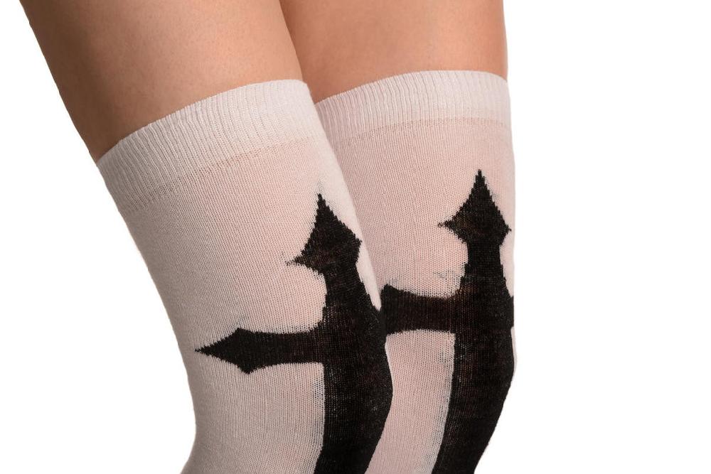 Liss Kiss Black Gothic Cross On White - Over The Knee Socks