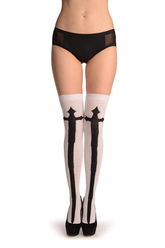 Liss Kiss Black Gothic Cross On White - Over The Knee Socks