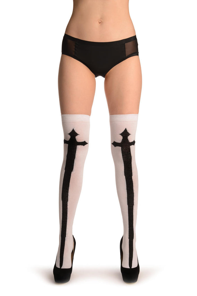liss kiss Black Gothic Cross On White - Over The Knee Socks