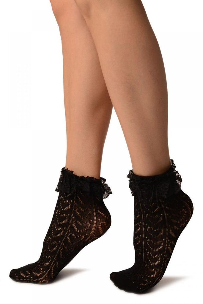 Liss Kiss Black Heart Crochet Lace Ruffle Ankle High Socks - Socks