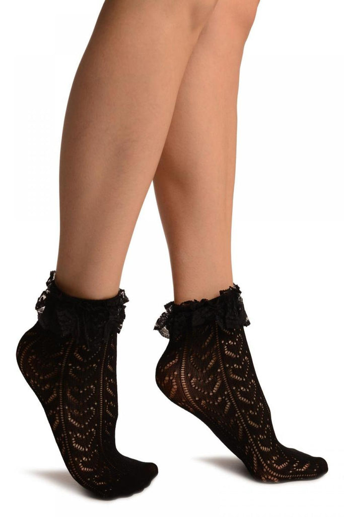 liss kiss Black Heart Crochet Lace Ruffle Ankle High Socks - Socks