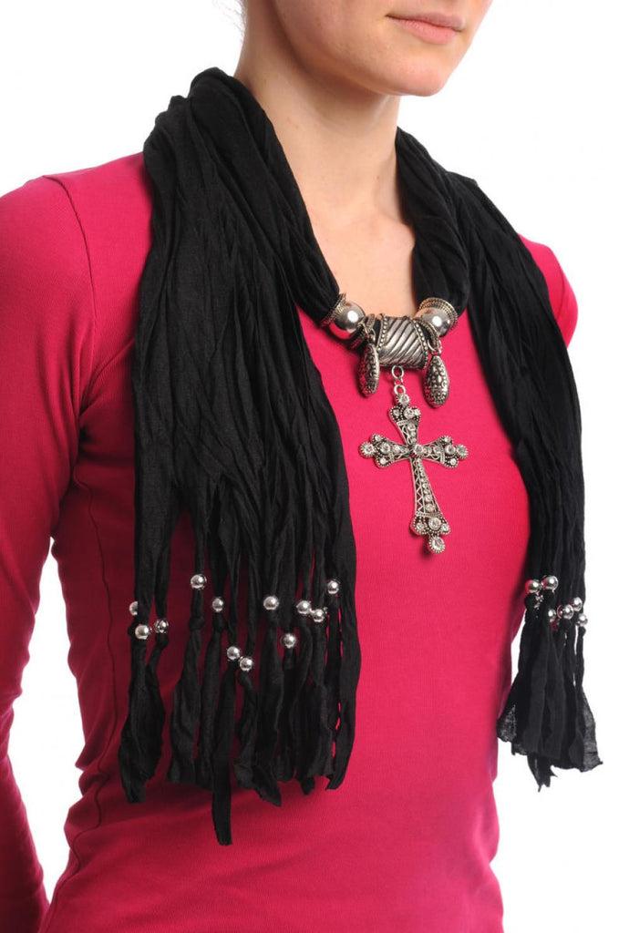 Liss Kiss Black Jewellery Scarf With Cross Pendant & Beads - Scarf