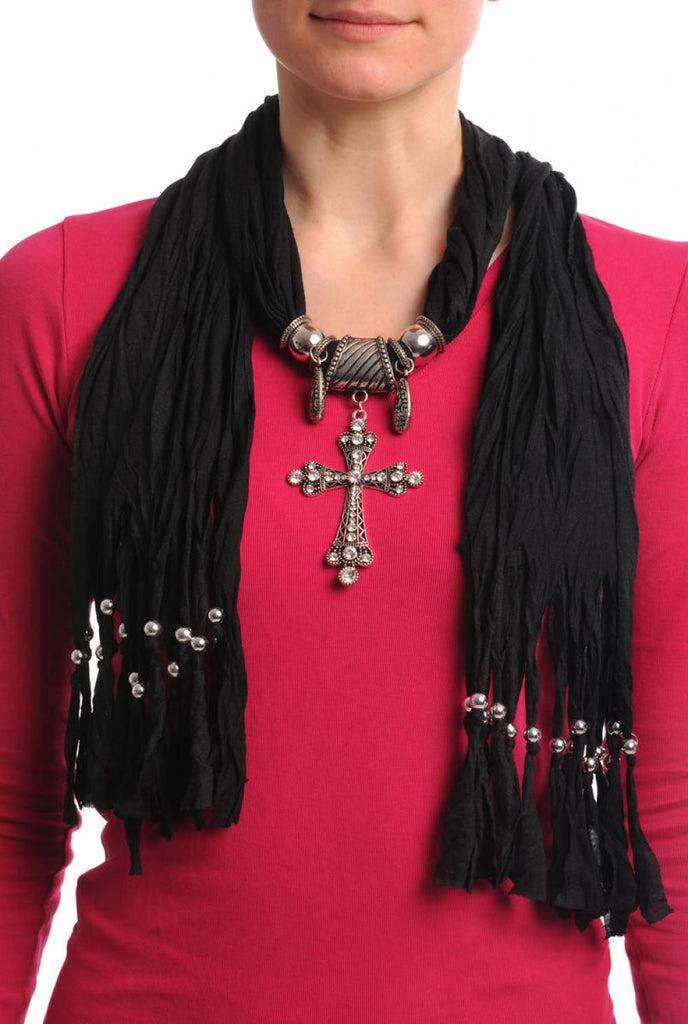 liss kiss Black Jewellery Scarf With Cross Pendant & Beads - Scarf