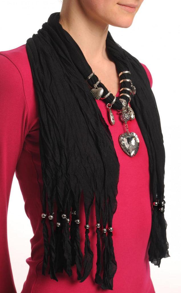 Liss Kiss Black Jewellery Scarf With Crystal Heart & Beads - Scarf
