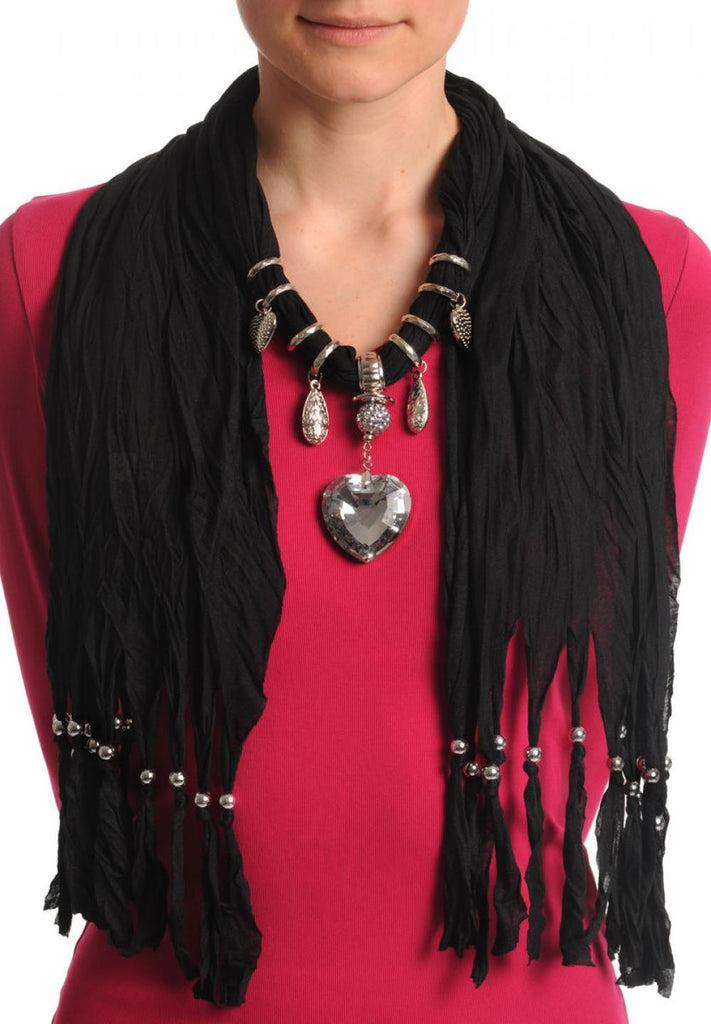liss kiss Black Jewellery Scarf With Crystal Heart & Beads - Scarf