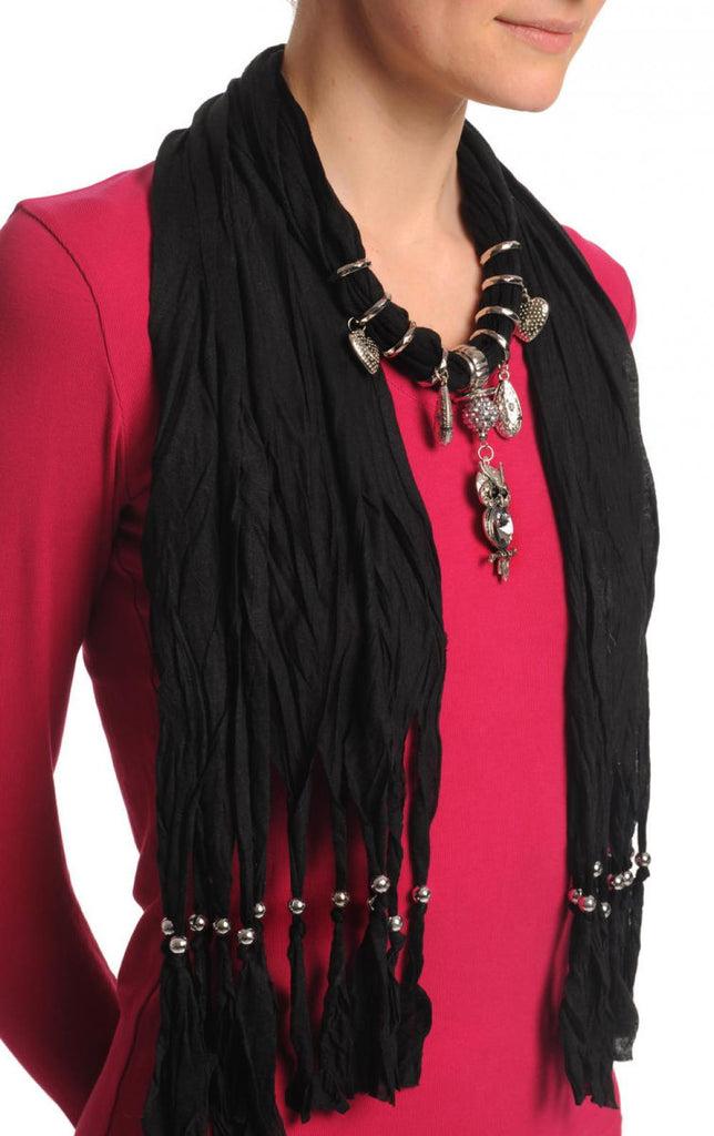 Liss Kiss Black Jewellery Scarf With Owl Pendant & Beads - Scarf