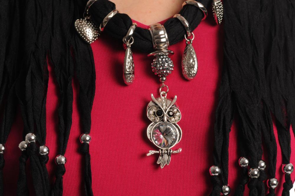 Liss Kiss Black Jewellery Scarf With Owl Pendant & Beads - Scarf