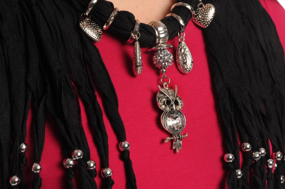 Liss Kiss Black Jewellery Scarf With Owl Pendant & Beads - Scarf