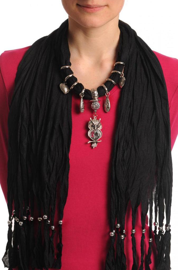 liss kiss Black Jewellery Scarf With Owl Pendant & Beads - Scarf