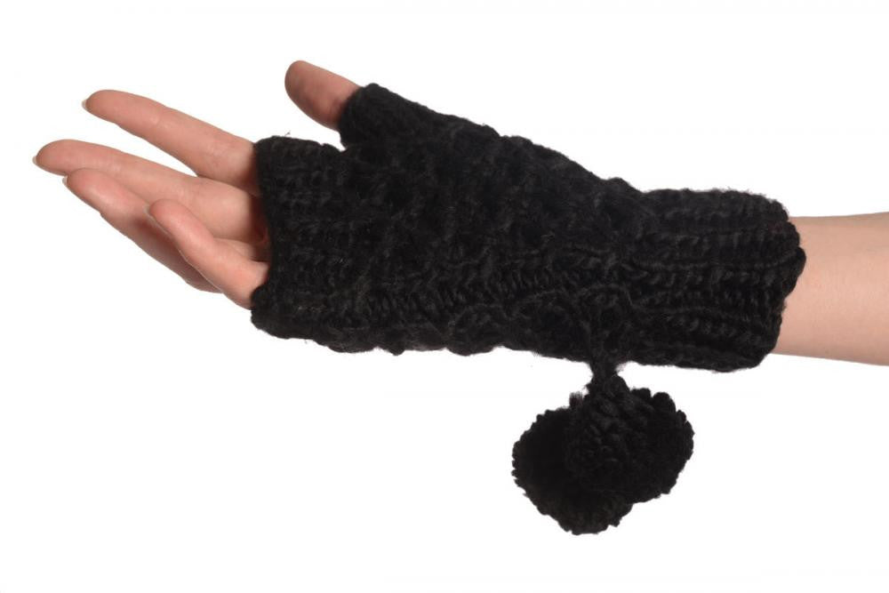 Liss Kiss Black Knitted Fingerless Mittens With Pompons - Mittens