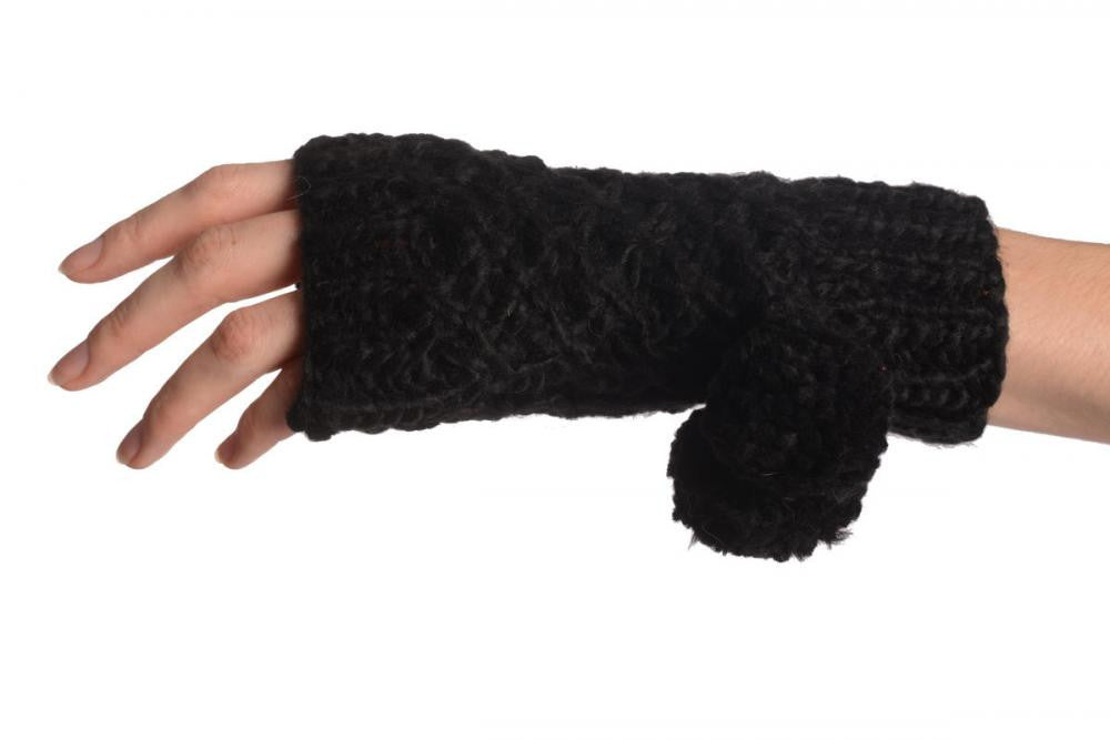 Liss Kiss Black Knitted Fingerless Mittens With Pompons - Mittens
