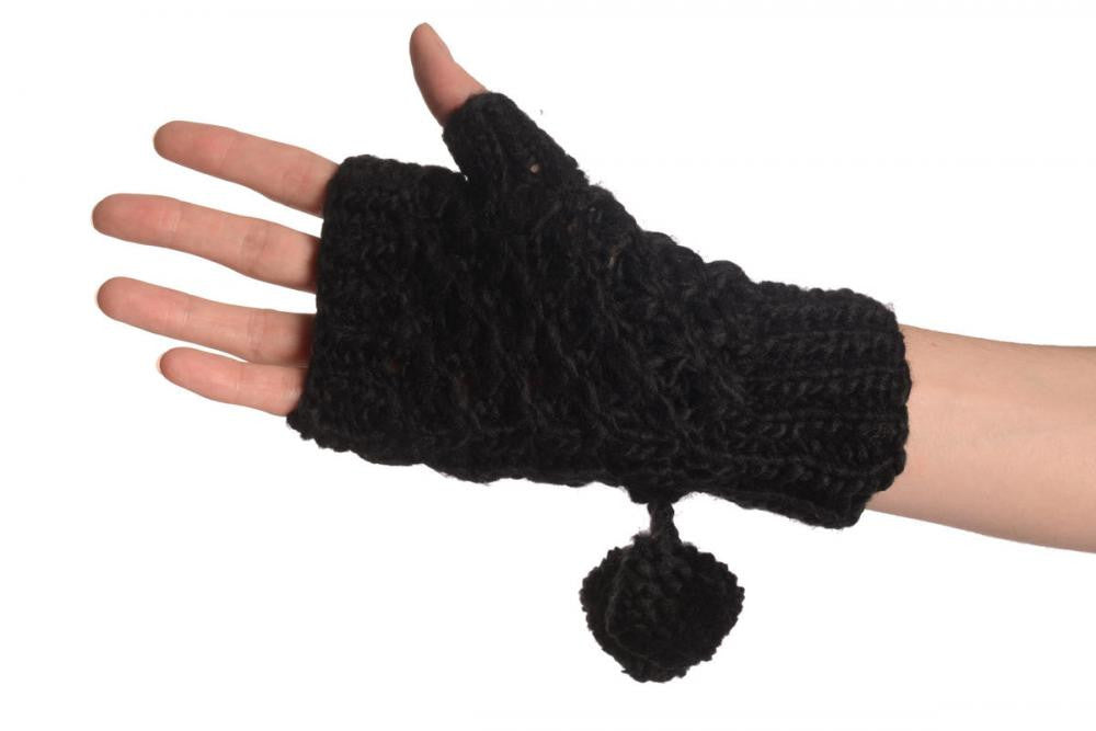 Liss Kiss Black Knitted Fingerless Mittens With Pompons - Mittens