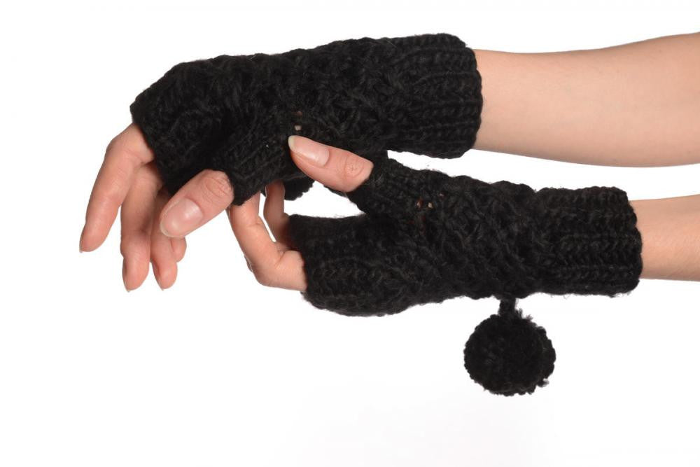 liss kiss Black Knitted Fingerless Mittens With Pompons - Mittens