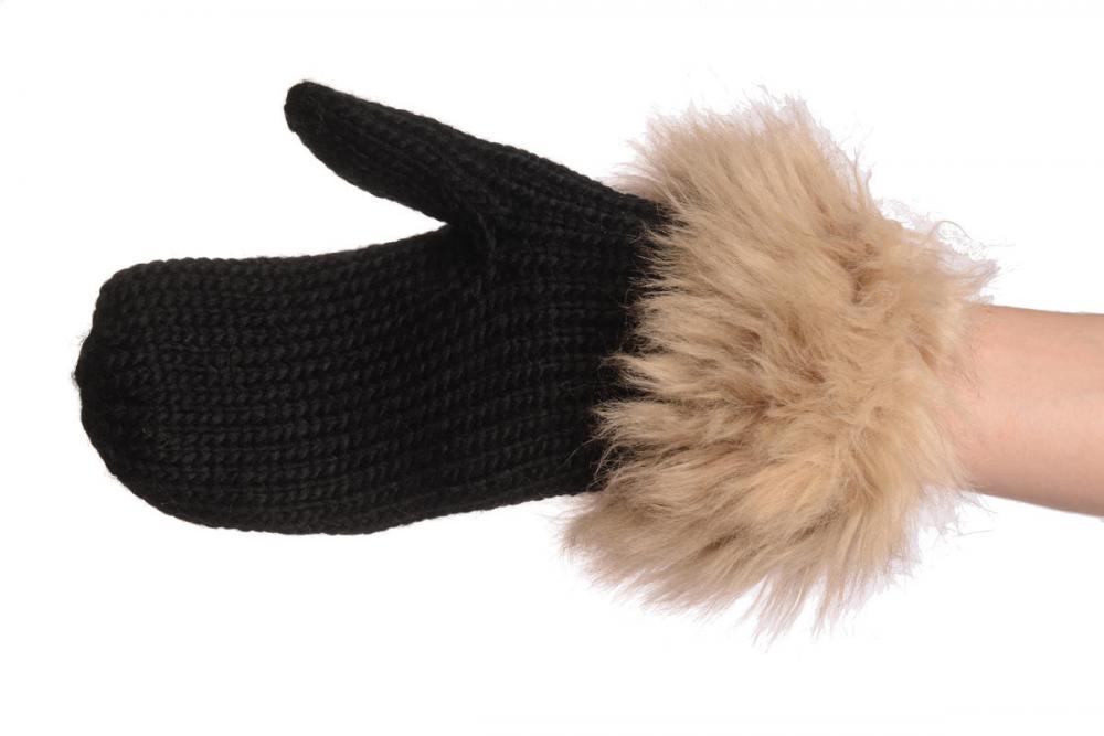 Liss Kiss Black Knitted With Faux Fur Mittens - Mittens