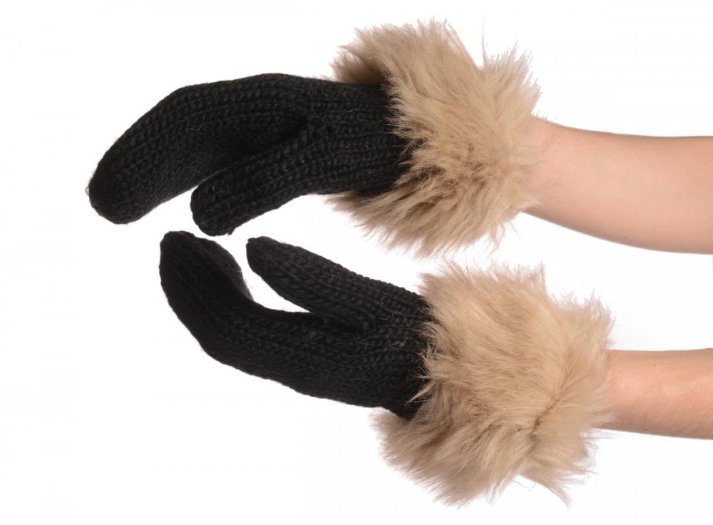 liss kiss Black Knitted With Faux Fur Mittens - Mittens