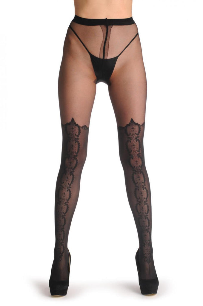 Liss Kiss Black Lace Faux Vintage Stockings & Transparent Top 20 Den - Tights