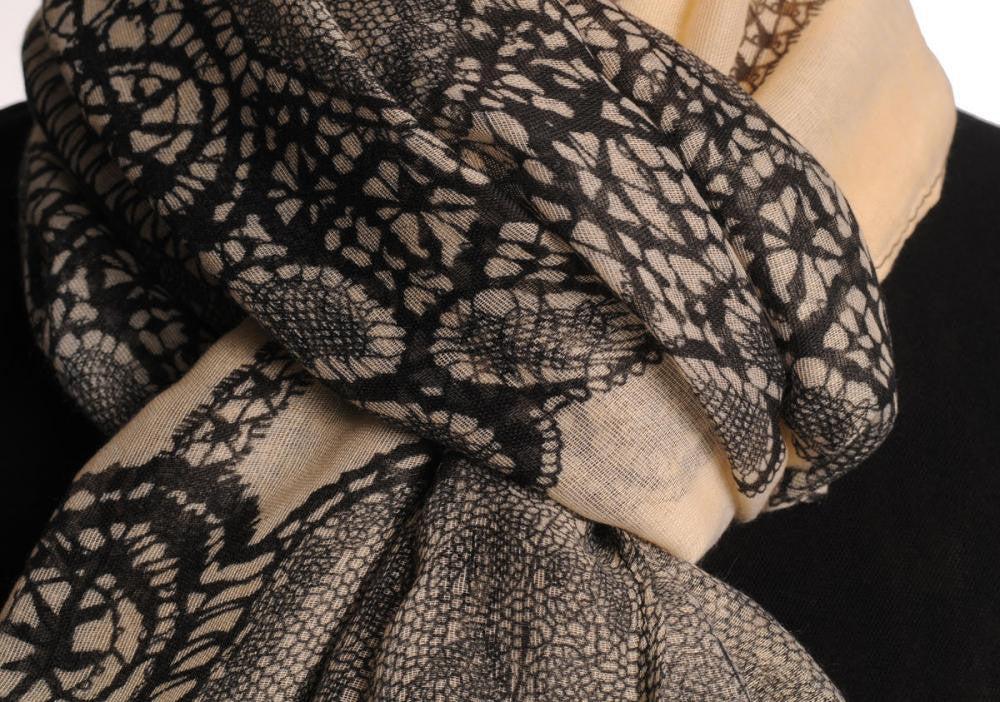 Liss Kiss Black Lace On Beige Unisex Scarf & Beach Sarong - Scarf