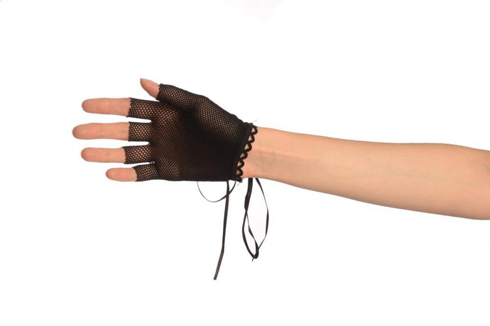 Liss Kiss Black Lace Up Fishnet Fingerless Gloves - Gloves