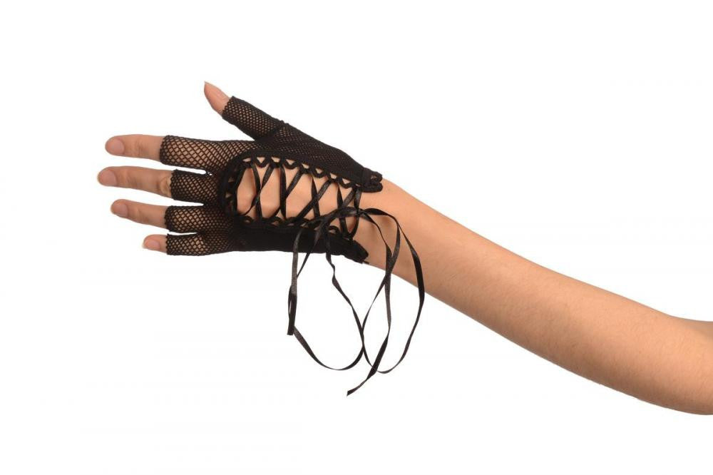 Liss Kiss Black Lace Up Fishnet Fingerless Gloves - Gloves