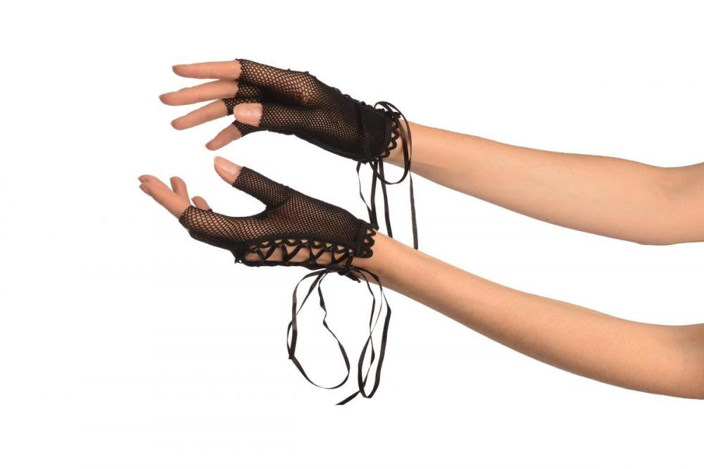 liss kiss Black Lace Up Fishnet Fingerless Gloves - Gloves