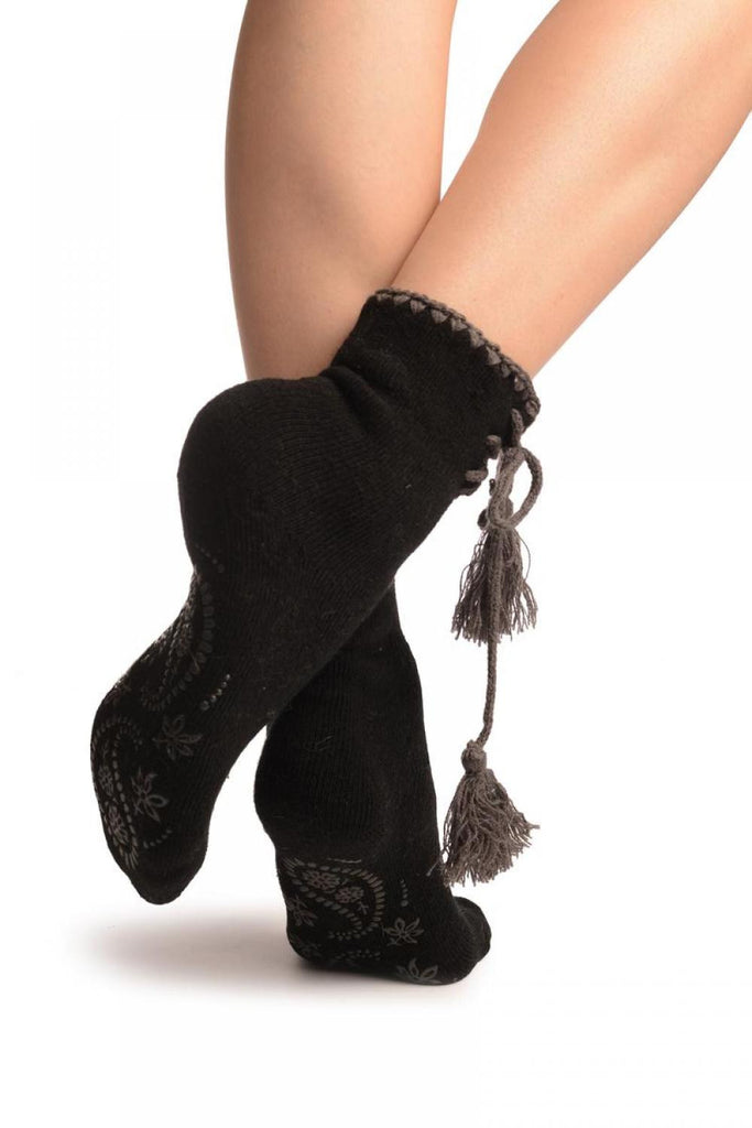 Liss Kiss Black Lace Up With Silicon Grip Angora Ankle High Socks - Socks