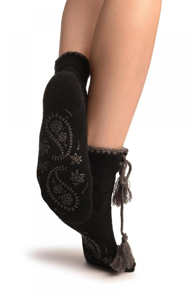 Liss Kiss Black Lace Up With Silicon Grip Angora Ankle High Socks - Socks