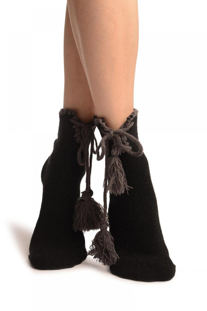 Liss Kiss Black Lace Up With Silicon Grip Angora Ankle High Socks - Socks