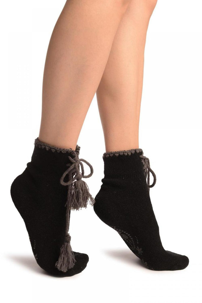 liss kiss Black Lace Up With Silicon Grip Angora Ankle High Socks - Socks