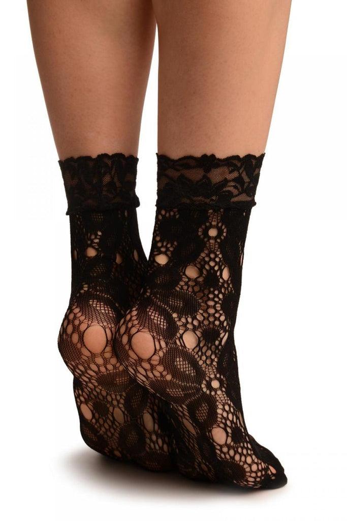 Liss Kiss Black Large Daisy Flowers Lace Ankle High Socks - Socks