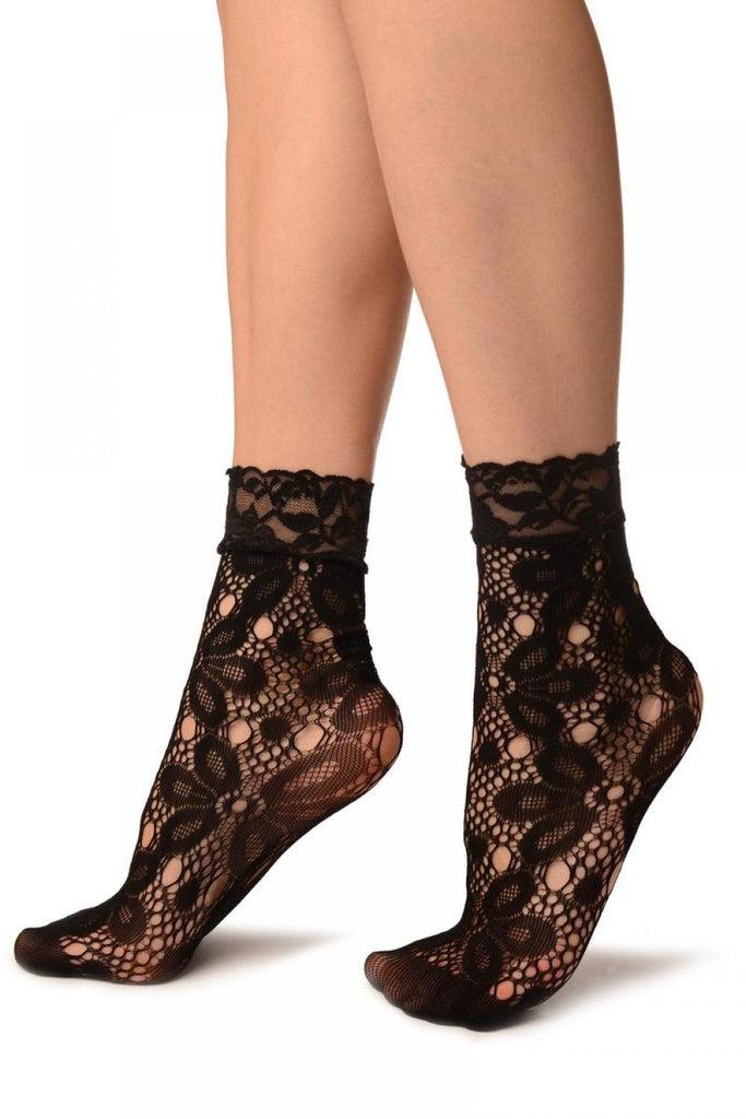Liss Kiss Black Large Daisy Flowers Lace Ankle High Socks - Socks