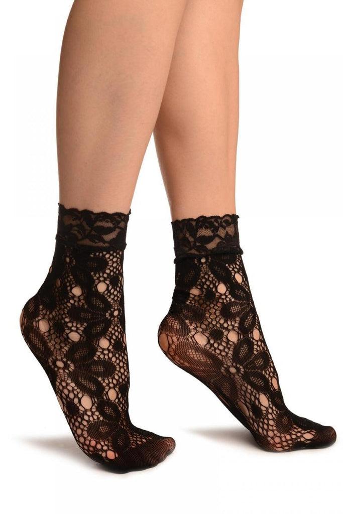 liss kiss Black Large Daisy Flowers Lace Ankle High Socks - Socks