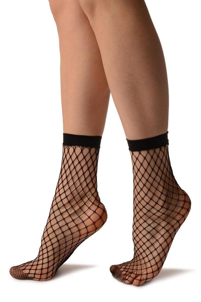 Liss Kiss Black Large Fishnet With Lace Trim Socks Ankle High - Socks