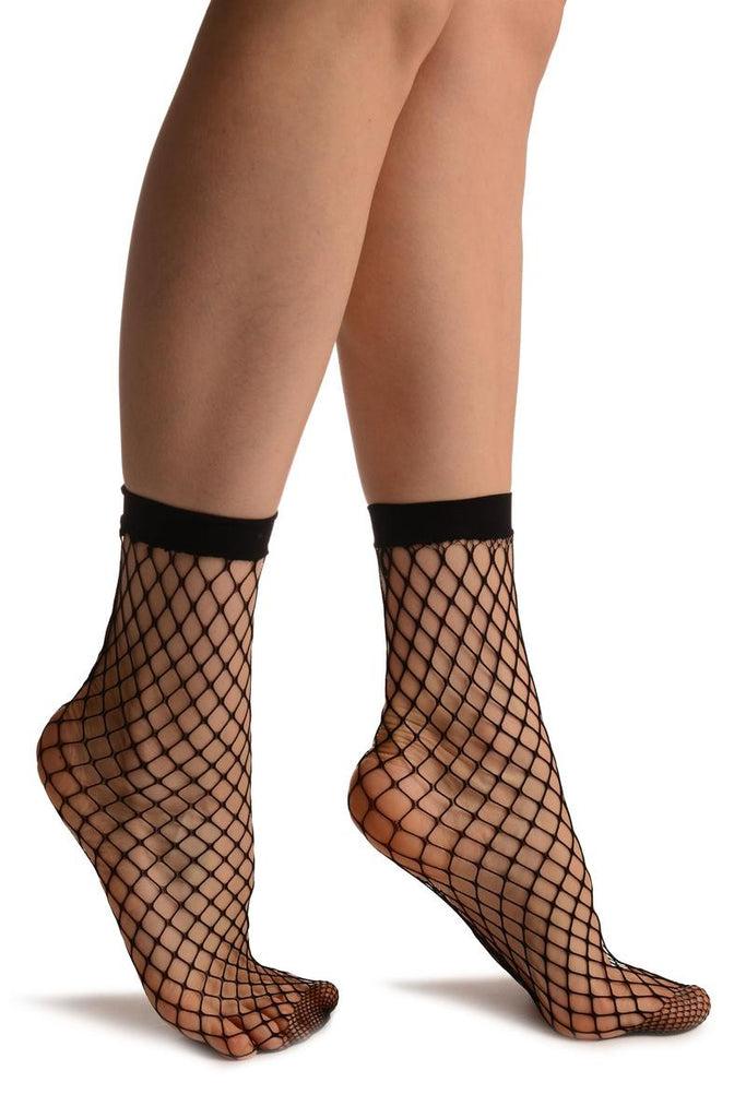 liss kiss Black Large Fishnet With Lace Trim Socks Ankle High - Socks