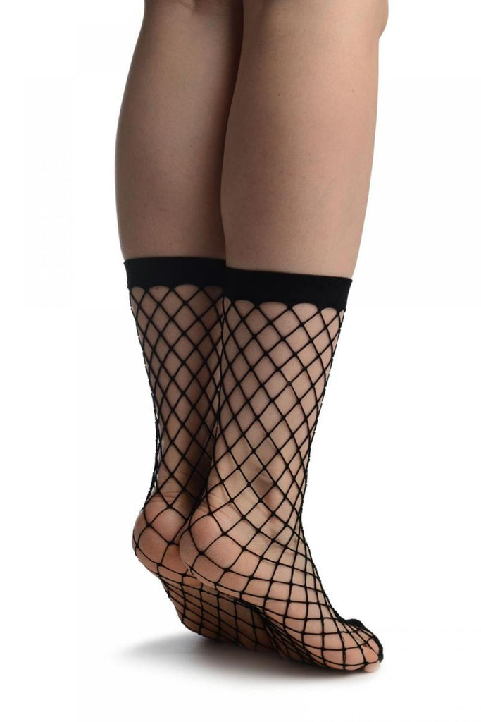 Liss Kiss Black Large Fishnet With Reinforced Toe Ankle High Socks - Socks