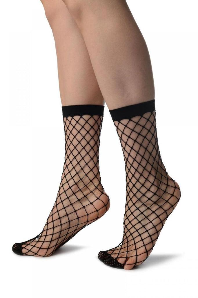 Liss Kiss Black Large Fishnet With Reinforced Toe Ankle High Socks - Socks
