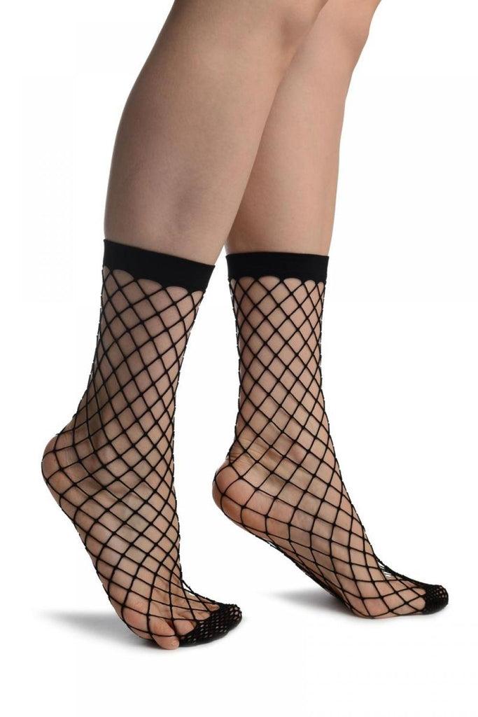 liss kiss Black Large Fishnet With Reinforced Toe Ankle High Socks - Socks