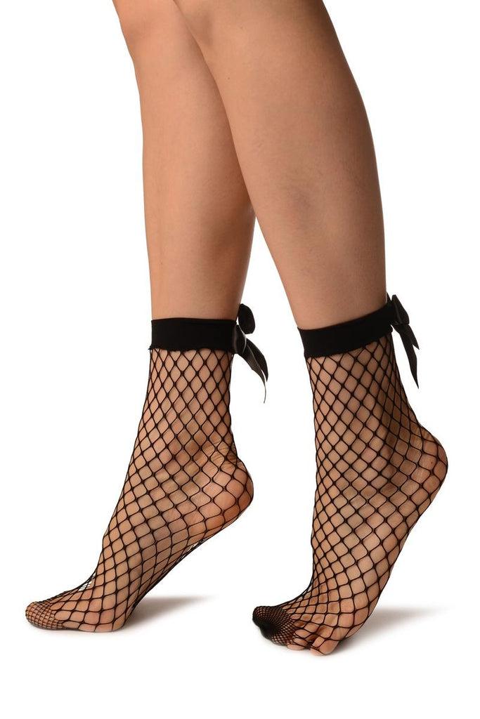 Liss Kiss Black Large Fishnet With Satin Bow Ankle High Socks - Socks