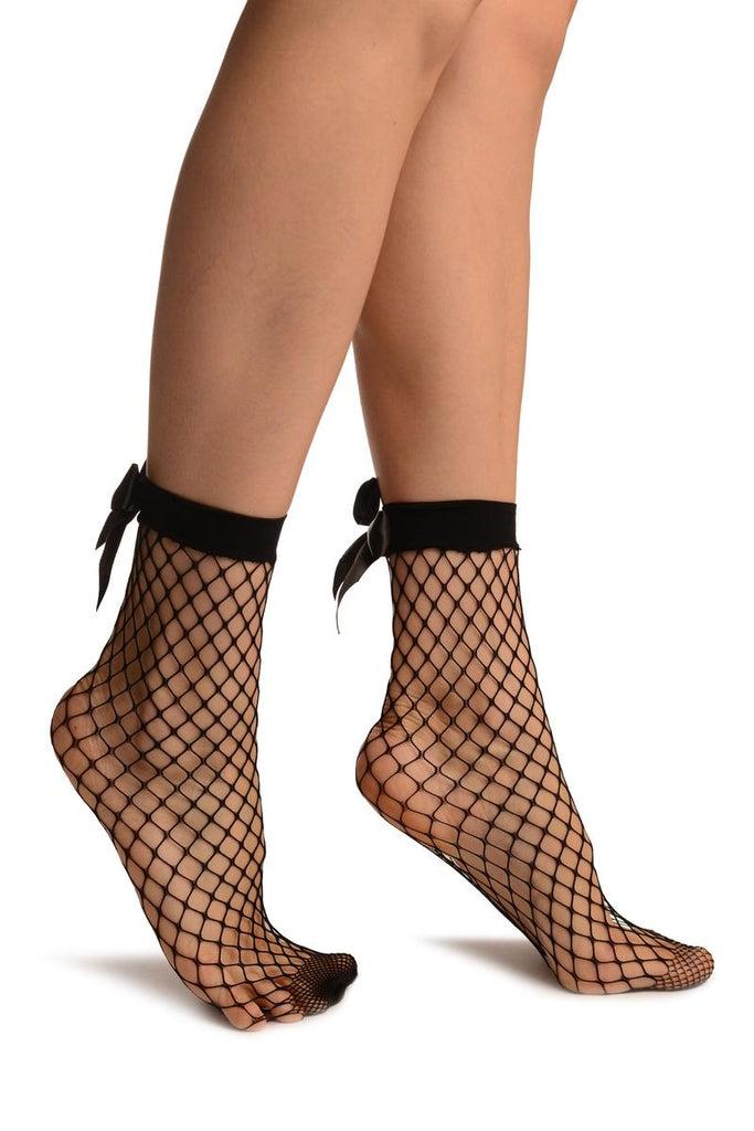 liss kiss Black Large Fishnet With Satin Bow Ankle High Socks - Socks