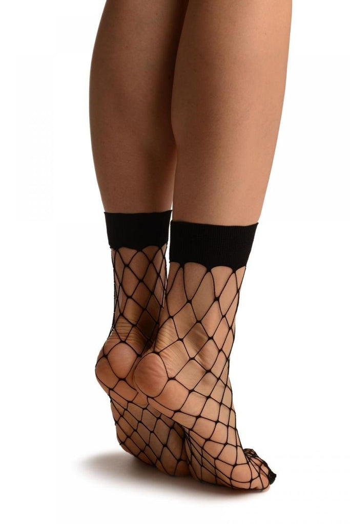 Liss Kiss Black Large Fishnet With Wide Top & Reinforced Toe Ankle High Socks - Socks