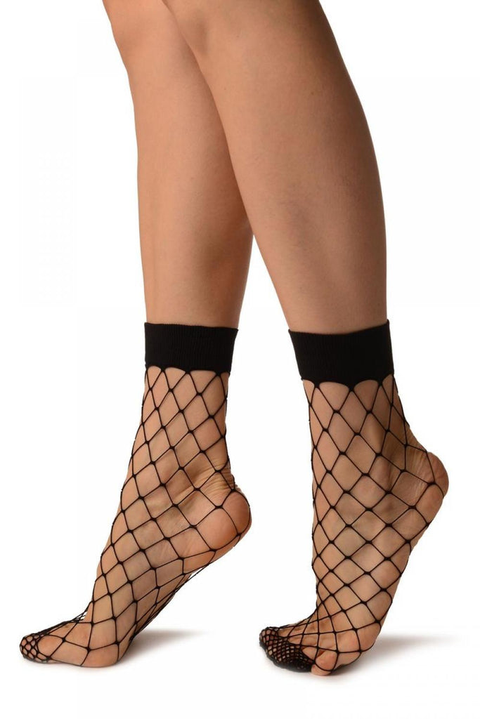Liss Kiss Black Large Fishnet With Wide Top & Reinforced Toe Ankle High Socks - Socks