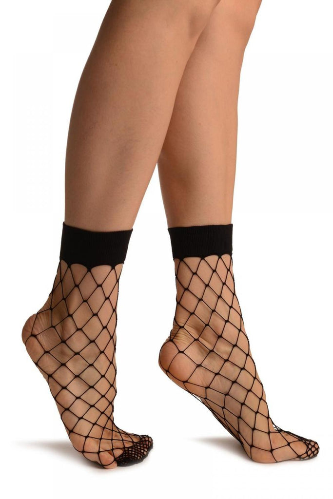 liss kiss Black Large Fishnet With Wide Top & Reinforced Toe Ankle High Socks - Socks