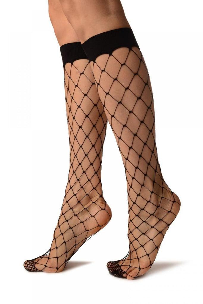 Liss Kiss Black Large Fishnet With Wide Top & Reinforced Toe Knee High Socks - Socks