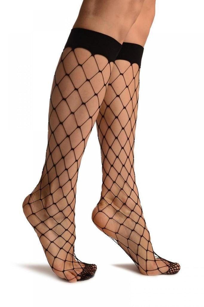 liss kiss Black Large Fishnet With Wide Top & Reinforced Toe Knee High Socks - Socks