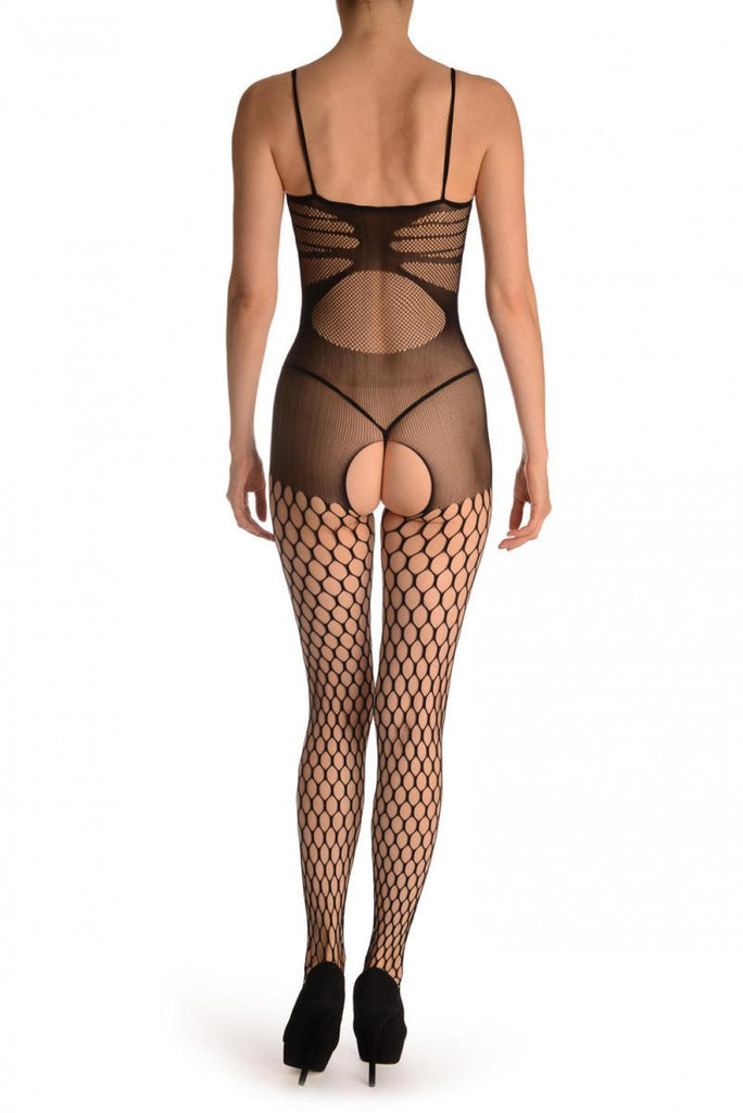 Liss Kiss Black Large Mesh Bodystocking With Stripes - Bodystocking