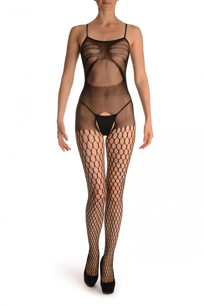 Liss Kiss Black Large Mesh Bodystocking With Stripes - Bodystocking