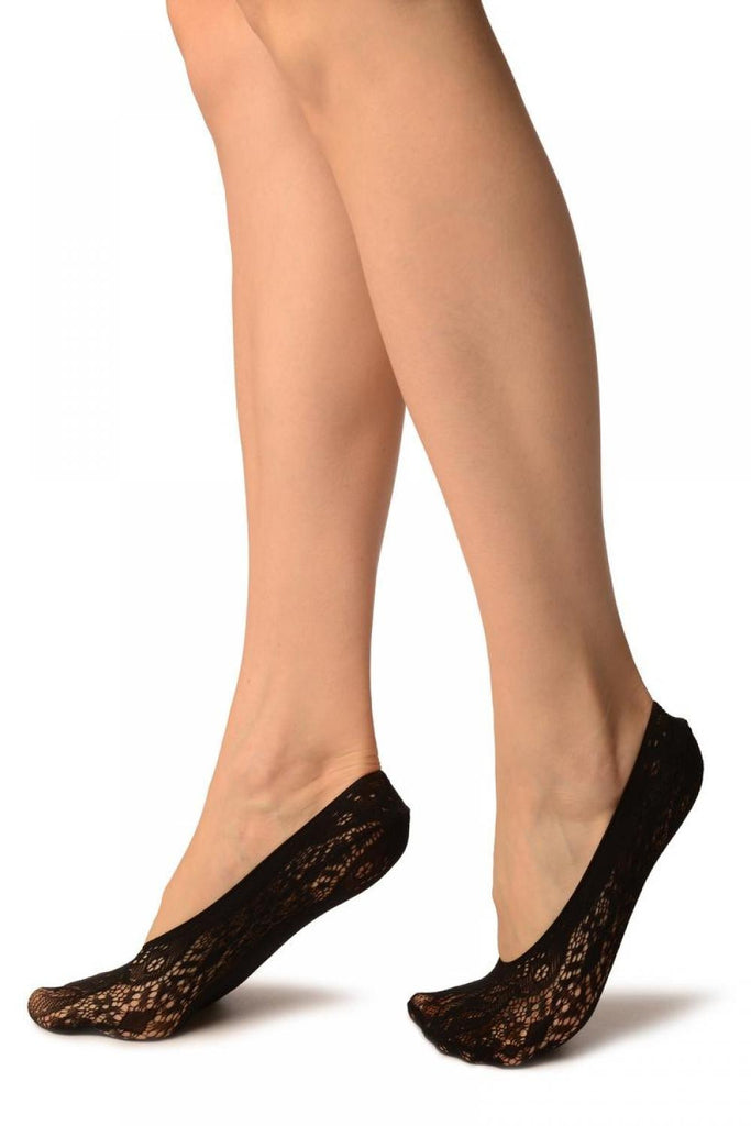 Liss Kiss Black Large Roses Lace Footies - Footsies Socks