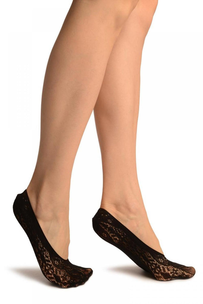 Liss Kiss Black Large Roses Lace Footies - Footsies Socks
