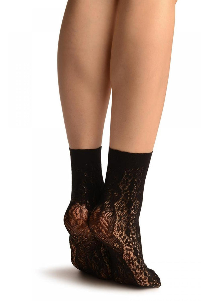 Liss Kiss Black Large Roses Lace Socks Ankle High - Socks