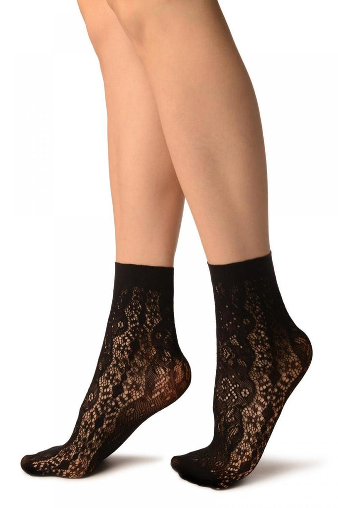 Liss Kiss Black Large Roses Lace Socks Ankle High - Socks