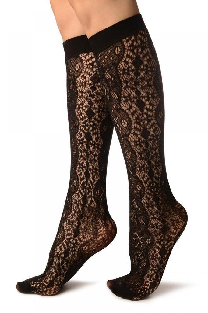 Liss Kiss Black Large Roses Lace Socks Knee High - Socks